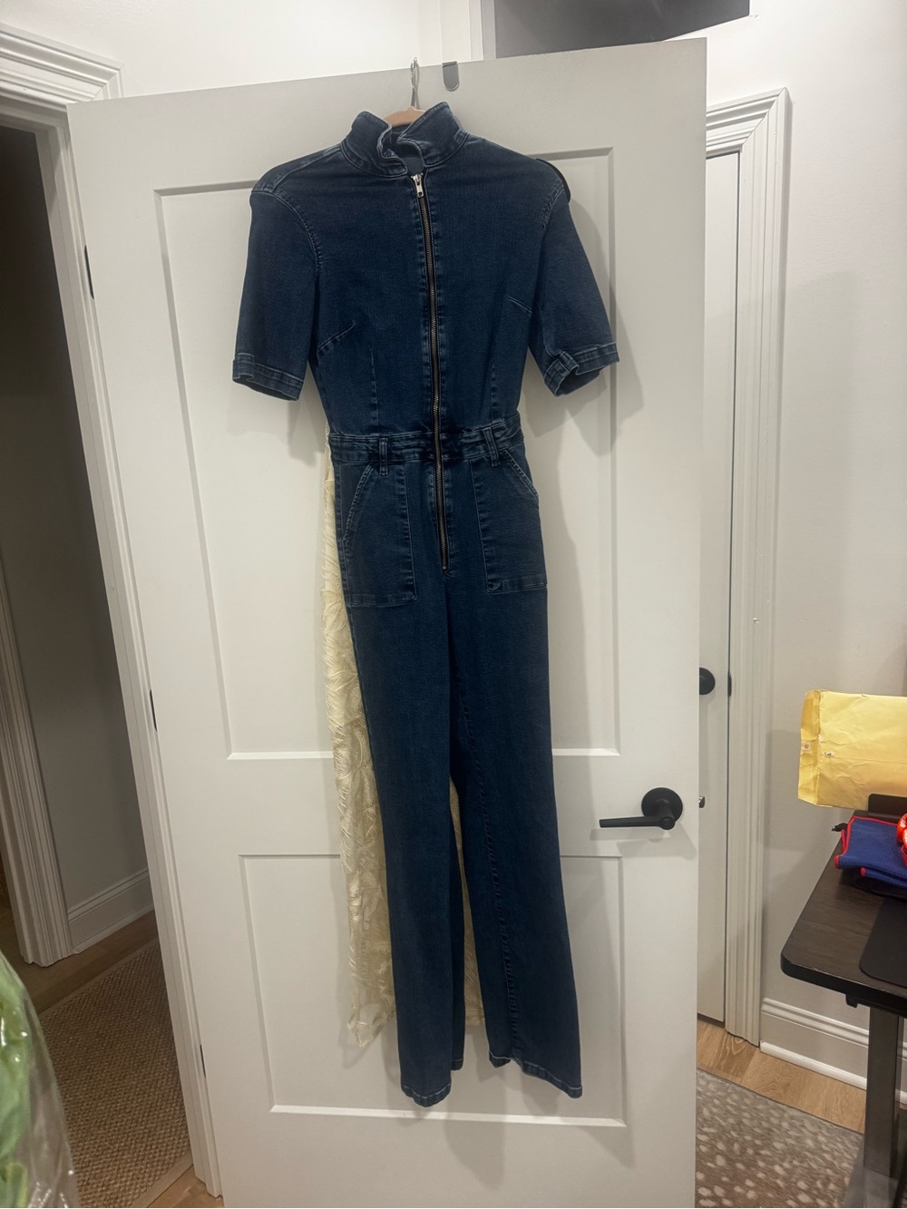 Mango Dark Blue Denim Short-Sleeve Zip-Front Jumpsuit